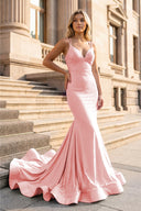 Mermaid V Neck Beaded Satin Prom Dress - KISSPROM PROM DRESSES