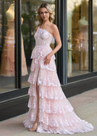 KissProm-Livia Pink Sheath One Shoulder Tiered Lace Long Prom Dress