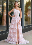 KissProm-Livia Pink Sheath One Shoulder Tiered Lace Long Prom Dress