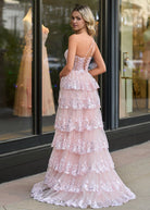 KissProm-Livia Pink Sheath One Shoulder Tiered Lace Long Prom Dress
