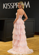 KissProm-Livia Pink Sheath One Shoulder Tiered Lace Long Prom Dress