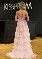 KissProm-Livia Pink Sheath One Shoulder Tiered Lace Long Prom Dress