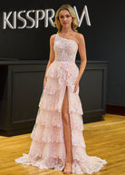 KissProm-Livia Pink Sheath One Shoulder Tiered Lace Long Prom Dress