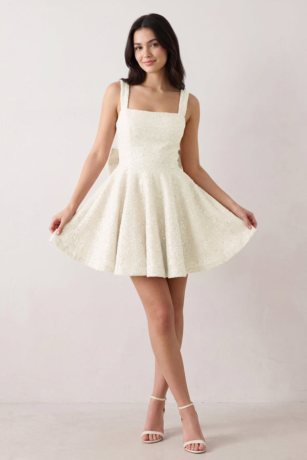 Ivory Sparkly Square Neck A-Line Sequin Ruched Homecoming Dress with Bow (3) | KISSPROM