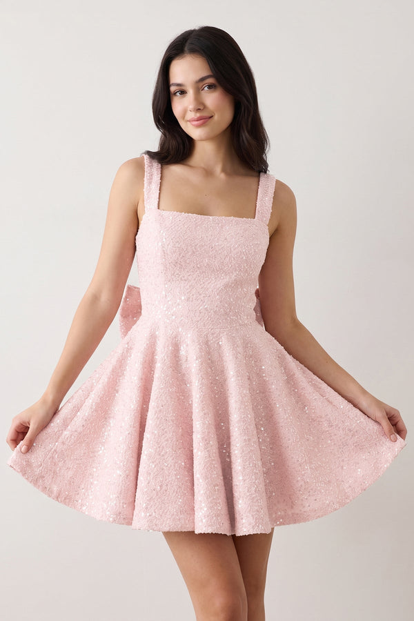 Pink Sparkly Square Neck A-Line Sequin Ruched Homecoming Dress with Bow | KISSPROM