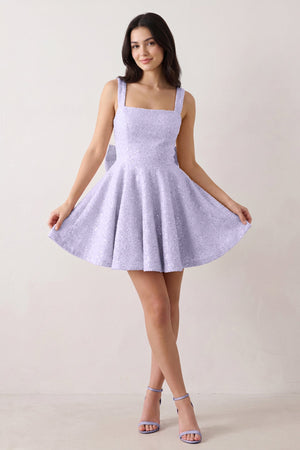 Lavender Sparkly Square Neck A-Line Sequin Ruched Homecoming Dress with Bow (3) | KISSPROM
