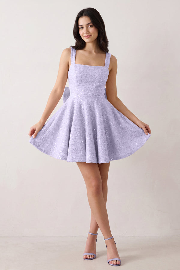 Lavender Sparkly Square Neck A-Line Sequin Ruched Homecoming Dress with Bow (3) | KISSPROM
