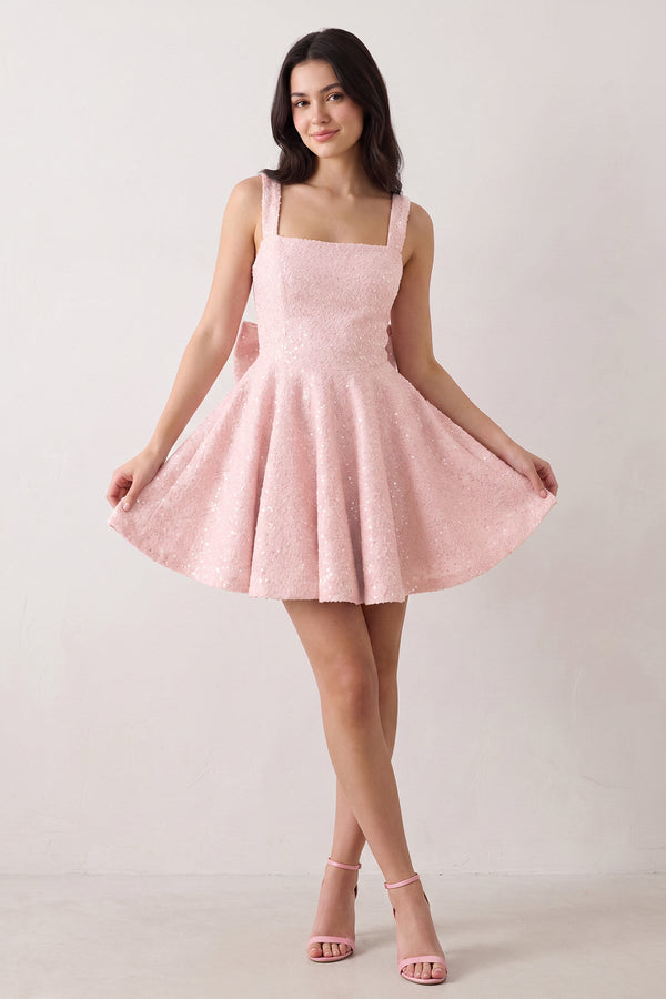 Pink Sparkly Square Neck A-Line Sequin Ruched Homecoming Dress with Bow (3) | KISSPROM