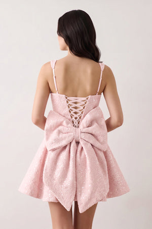 Pink Sparkly Square Neck A-Line Sequin Ruched Homecoming Dress with Bow (2) | KISSPROM