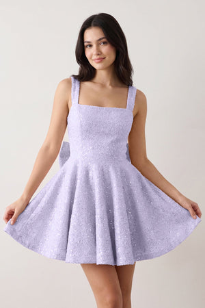 Lavender Sparkly Square Neck A-Line Sequin Ruched Homecoming Dress with Bow | KISSPROM