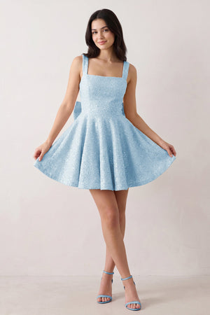 Blue Sparkly Square Neck A-Line Sequin Ruched Homecoming Dress with Bow (3) | KISSPROM