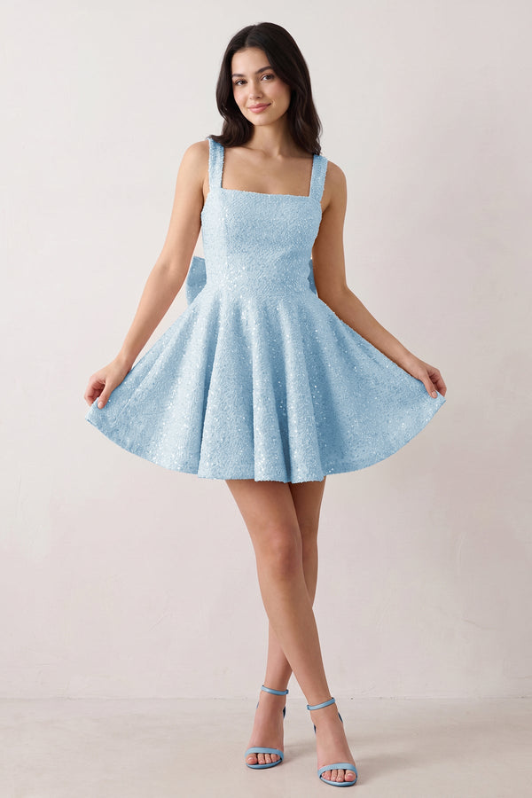 Blue Sparkly Square Neck A-Line Sequin Ruched Homecoming Dress with Bow (3) | KISSPROM