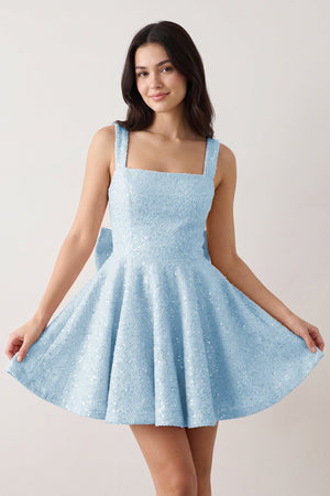 Blue Sparkly Square Neck A-Line Sequin Ruched Homecoming Dress with Bow | KISSPROM