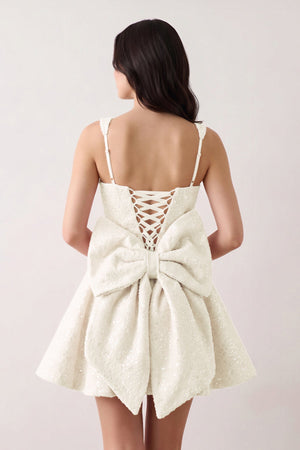 Ivory Sparkly Square Neck A-Line Sequin Ruched Homecoming Dress with Bow (2) | KISSPROM