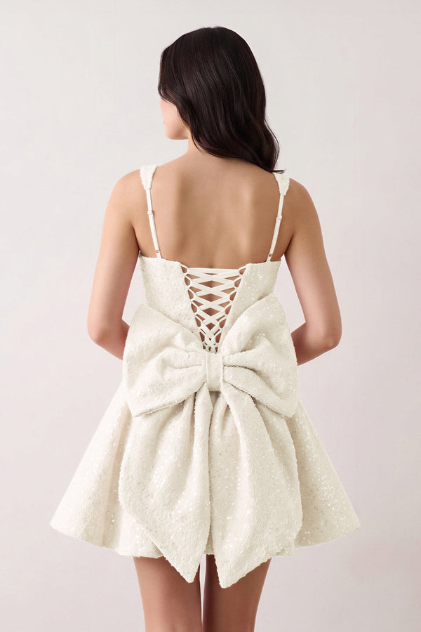 Ivory Sparkly Square Neck A-Line Sequin Ruched Homecoming Dress with Bow (2) | KISSPROM