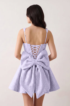 Lavender Sparkly Square Neck A-Line Sequin Ruched Homecoming Dress with Bow (2) | KISSPROM