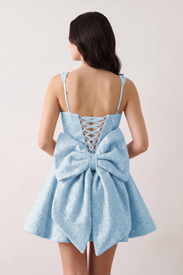 Blue Sparkly Square Neck A-Line Sequin Ruched Homecoming Dress with Bow (2) | KISSPROM