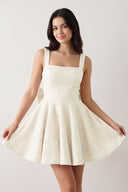 Ivory Sparkly Square Neck A-Line Sequin Ruched Homecoming Dress with Bow | KISSPROM
