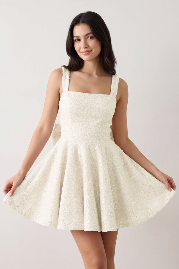 Ivory Sparkly Square Neck A-Line Sequin Ruched Homecoming Dress with Bow | KISSPROM