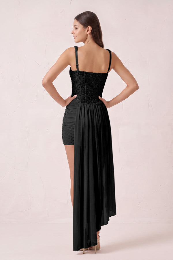 Black Sparkly Sweetheart Corset Bodycon Tulle Homecoming Dress with Ribbon (2) | KISSPROM