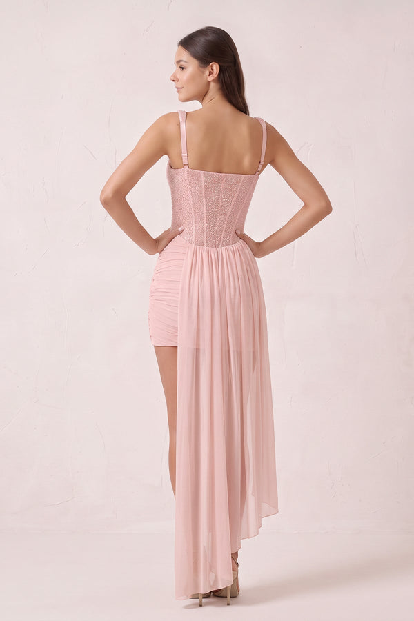 Pink Sparkly Sweetheart Corset Bodycon Tulle Homecoming Dress with Ribbon (2) | KISSPROM