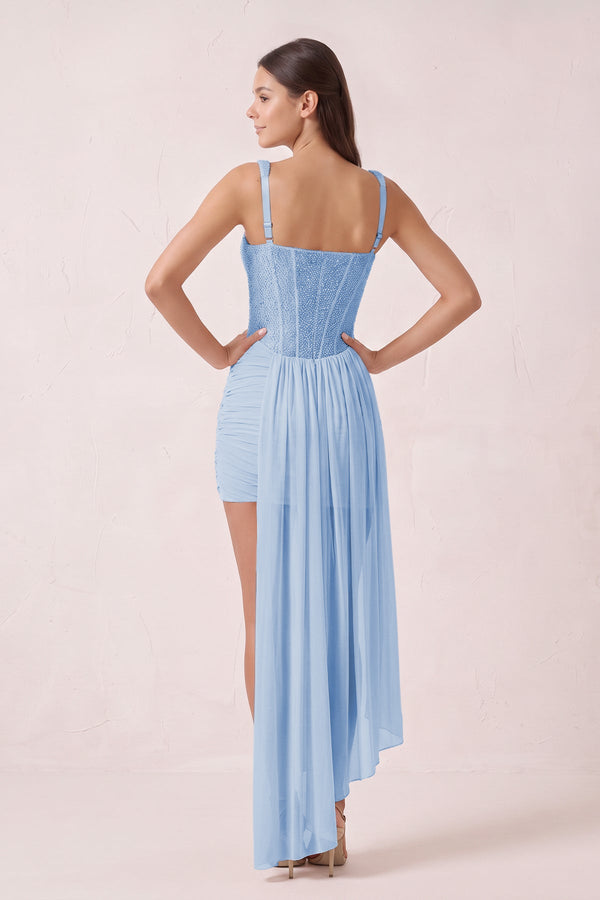 Sky Blue Sparkly Sweetheart Corset Bodycon Tulle Homecoming Dress with Ribbon (2) | KISSPROM