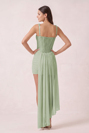 Sage Green Sparkly Sweetheart Corset Bodycon Tulle Homecoming Dress with Ribbon (2) | KISSPROM