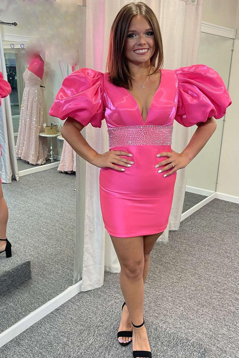 Sparkly Puff Sleeves Tight Short Homecoming Dress with Beading Pink / 8