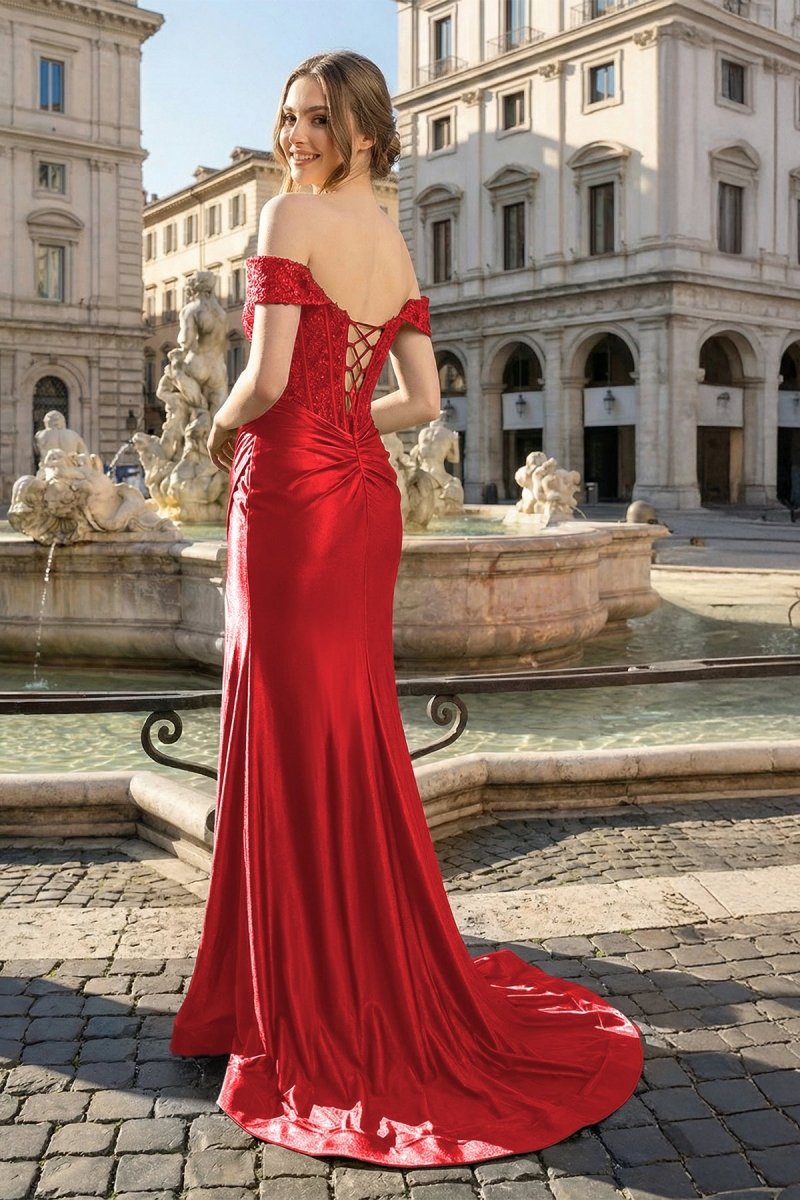 Mermaid Off the Shoulder Satin Prom Dress with Slit, Red / 10
