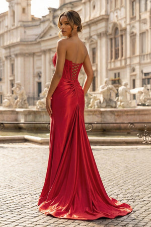 KissProm- Red Sheath Strapless Corset Satin Prom Dress with Slit