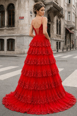 A Line Spaghetti Straps Tiered Lace Prom Dress - KissProm