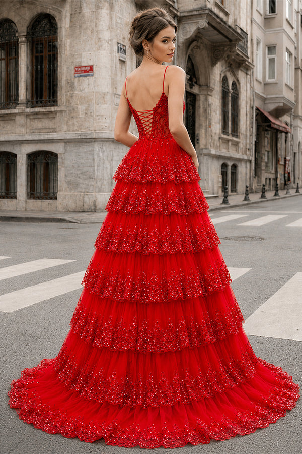 A Line Spaghetti Straps Tiered Lace Prom Dress - KissProm