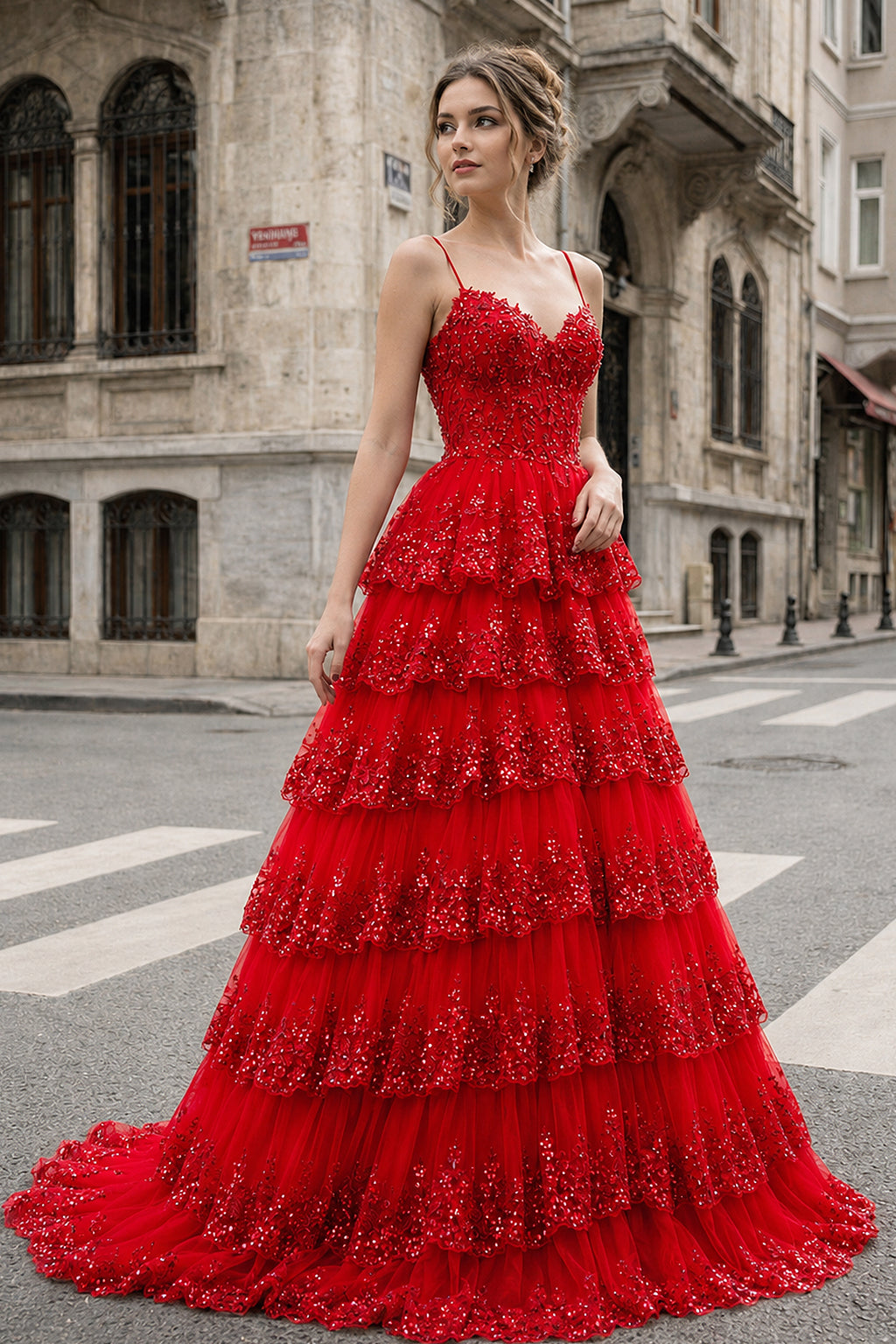 KissProm A Line Spaghetti Straps Tiered Lace Prom Dress, Red / 24
