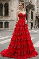 A Line Spaghetti Straps Tiered Lace Prom Dress - KissProm