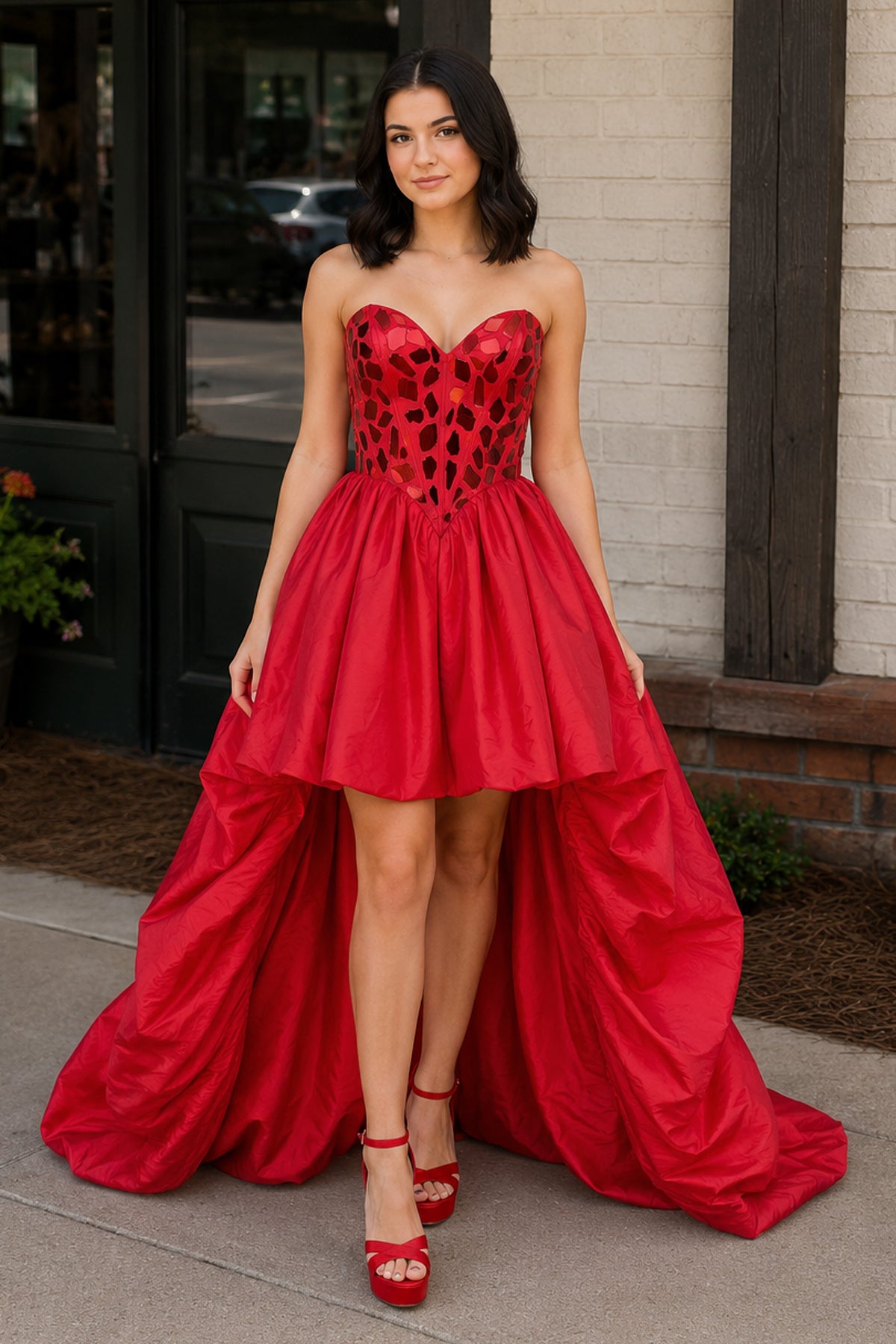 KissProm Sparkly Red Sweetheart Mirror High-Low Homecoming Dress, Red / 16