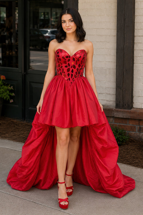 Sparkly Red Sweetheart Mirror High-Low Homecoming Dress - KissProm