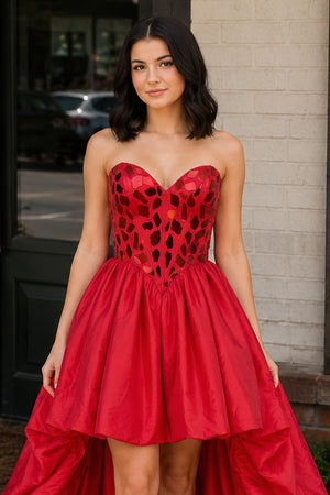 Sparkly Red Sweetheart Mirror High-Low Homecoming Dress - KissProm