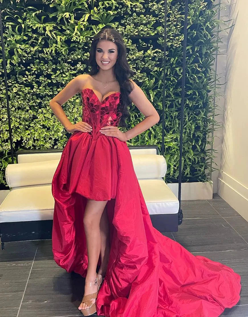 Sparkly Red Sweetheart Mirror High-Low Homecoming Dress Red / 16 Sparkly Red Sweetheart Mirror High-Low Homecoming Dress Red / 16