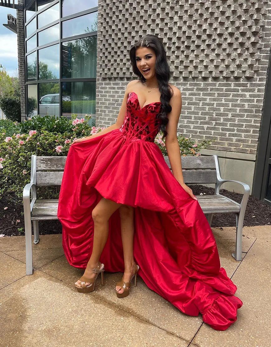 Sparkly Red Sweetheart Mirror High-Low Homecoming Dress Red / 16 Sparkly Red Sweetheart Mirror High-Low Homecoming Dress Red / 16