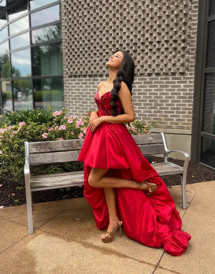 Sparkly Red Sweetheart Mirror High-Low Homecoming Dress Red / 16 Sparkly Red Sweetheart Mirror High-Low Homecoming Dress Red / 16