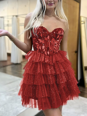 Sparkly Champagne Sweetheart A-Line Tulle Tiered Homecoming Dress