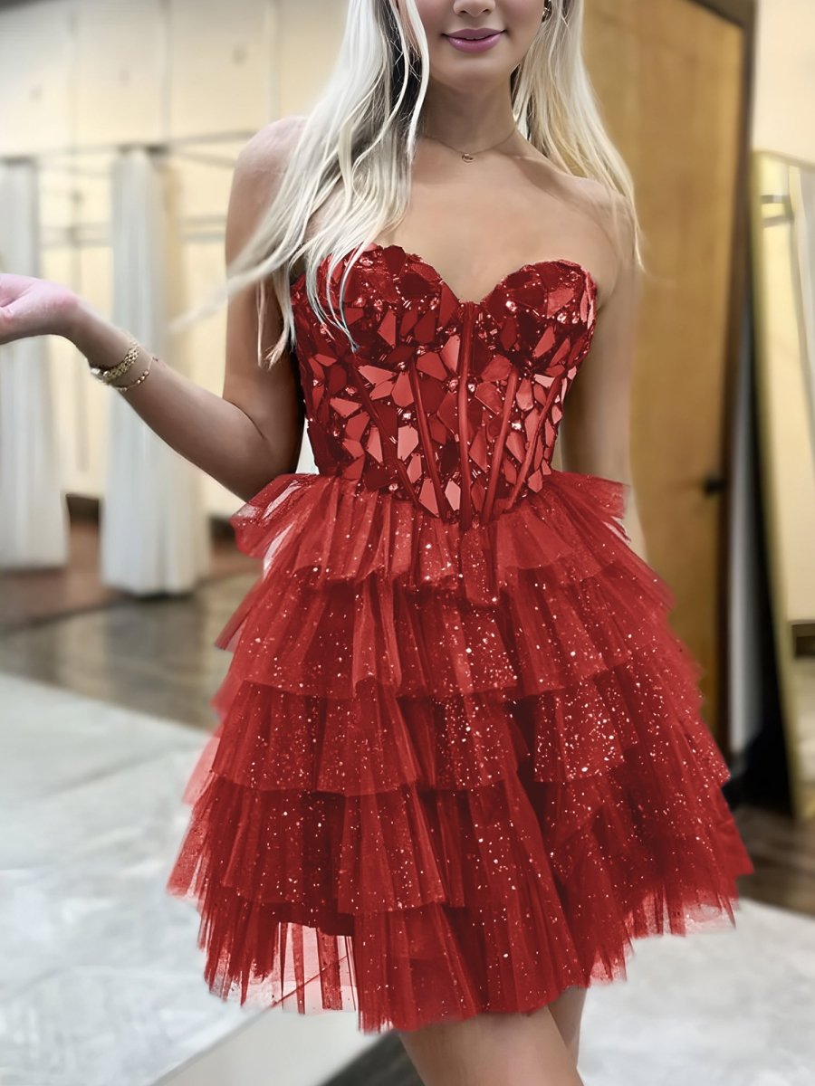 Sparkly Champagne Sweetheart A-Line Tulle Tiered Homecoming Dress Red / 14 Sparkly Champagne Sweetheart A-Line Tulle Tiered Homecoming Dress Red / 14