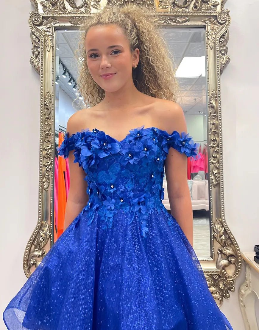 Sparkly Royal Blue A - Line Off the Shoulder Beaded Flowers Homecoming Dress - KissProm