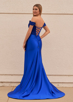 Raelyn |Mermaid Off the Shoulder Satin Prom Dress with Slit