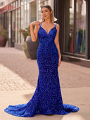 Sparkly Royal Blue Mermaid Sequins Long Backless Prom Dress - KissProm 