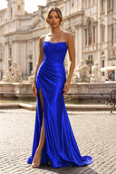 Sheath Strapless Corset Satin Prom Dress with Slit - KISSPROM PROM DRESSES
