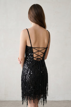 Eleri | Sparkly Sheath Spaghetti Straps Gold Short Homecoming Dress with Tassel