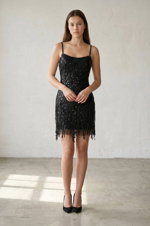 Eleri | Sparkly Sheath Spaghetti Straps Gold Short Homecoming Dress with Tassel