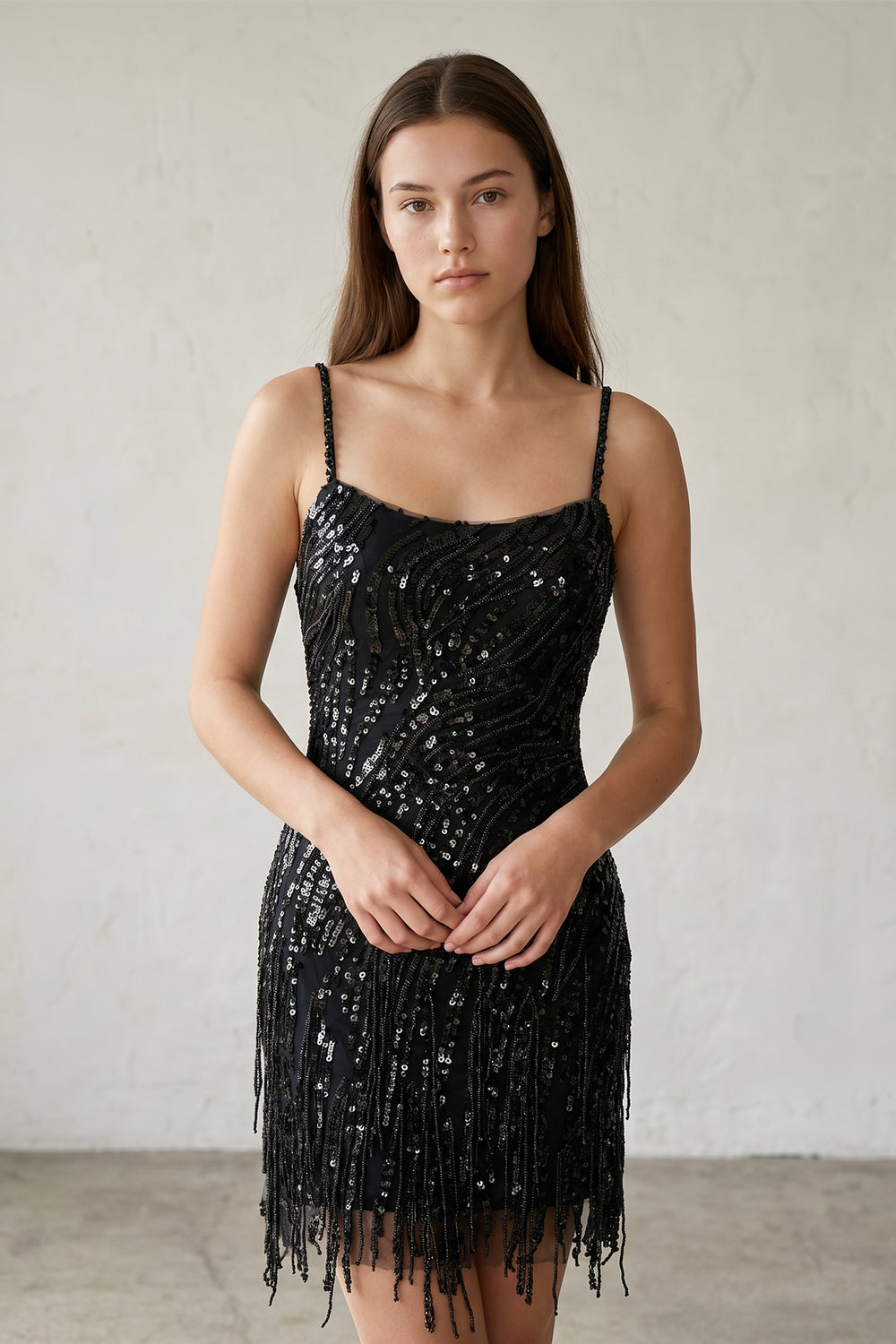 Black Sparkly Sheath Spaghetti Straps Mini Party Dresses with Tassel - KISSPROM