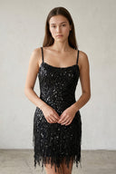 Black Sparkly Sheath Spaghetti Straps Mini Party Dresses with Tassel - KISSPROM